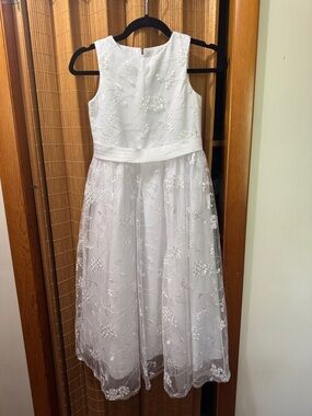 White Embroidered Girls' Formal Dress with Satin Waistband